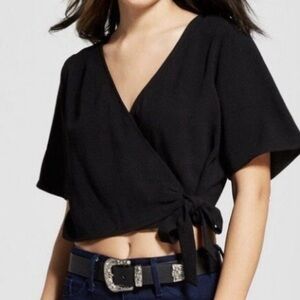 3/$10 Xhilaration Black Crop Wrap Top with Bow Detail